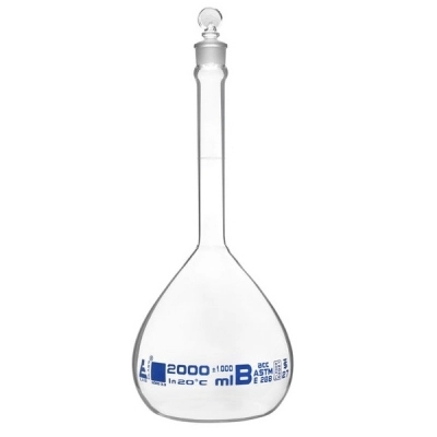 Eisco 2000ml Volumetric Flask Class B, ASTM - Glass Stopper - Blue Graduation - Eisco Labs CH0442H