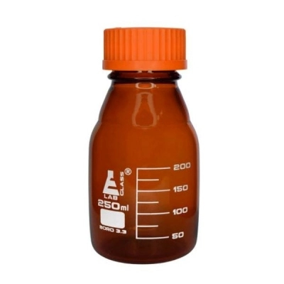 Eisco 250ml Reagent Bottle Amber Colored Glass - Orange Screw Cap - Borosilicate 3.3 Glass CH0165B