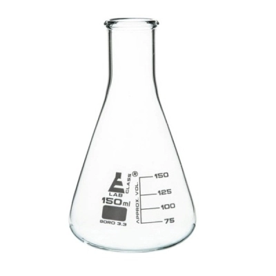 Eisco 150ml Erlenmeyer Flask Borosilicate Glass - Narrow Neck - White Graduation - Eisco Lab CH0424E