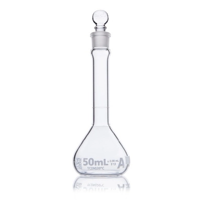 Globe Scientific 50mL Volumetric Flask, Globe Glass, Class A, Wide Mouth, 6/Box 8230050