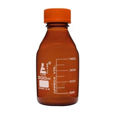 Eisco 500ml Reagent Bottle Amber Colored Glass - Orange Screw Cap - Borosilicate 3.3 Glass CH0165C