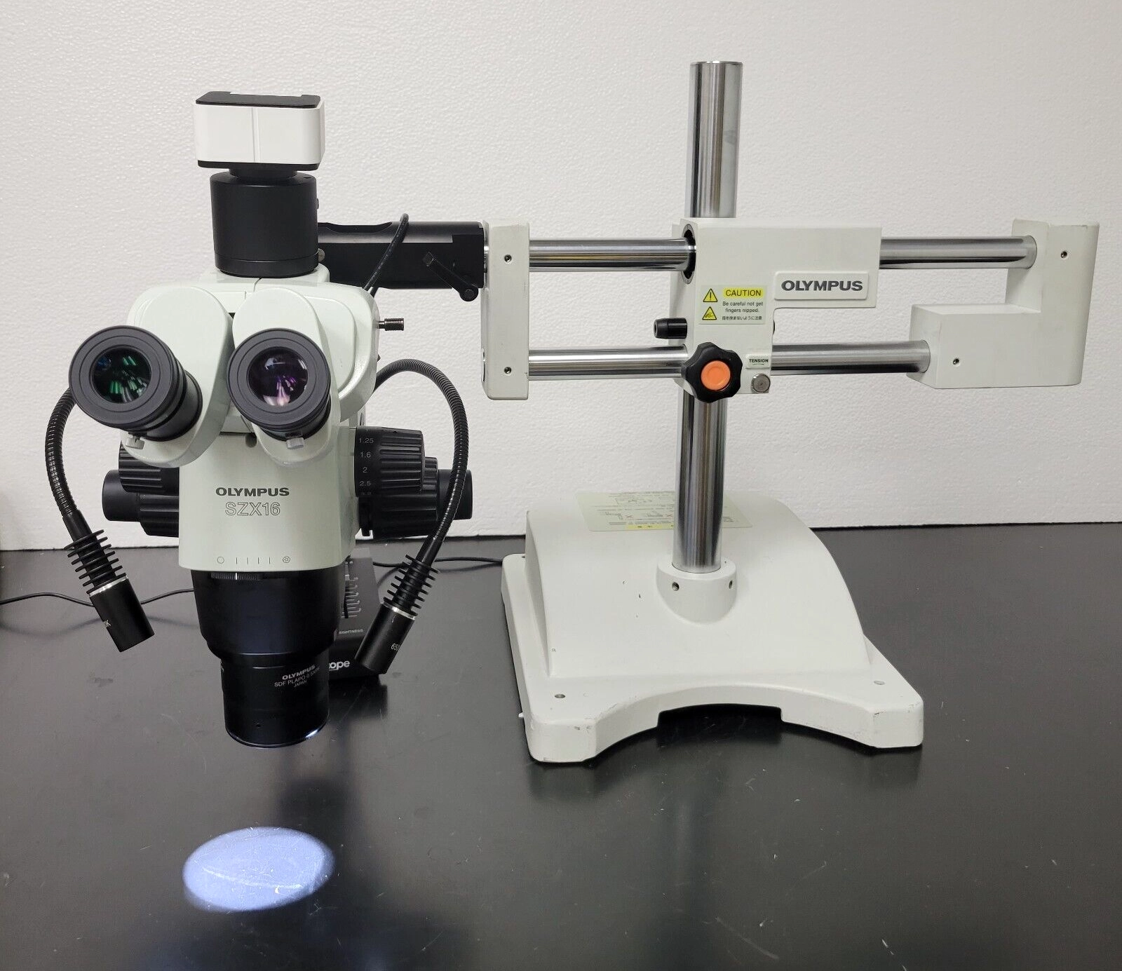 Olympus Stereo Microscope SZX16 with Trinocular Head, Camera, and Boomstand