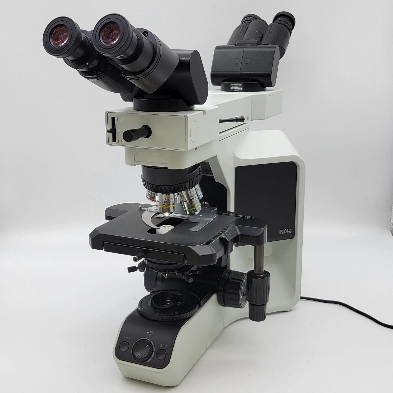 Olympus Microscope BX43 with Front to Back Bridge &amp; 2x Objective Pathology Mohs (Dual Head)