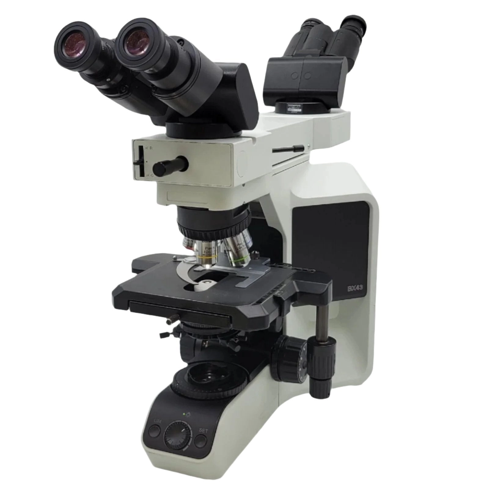 Olympus Microscope BX43 with Front to Back Bridge &amp; 2x Objective Pathology Mohs (Dual Head)