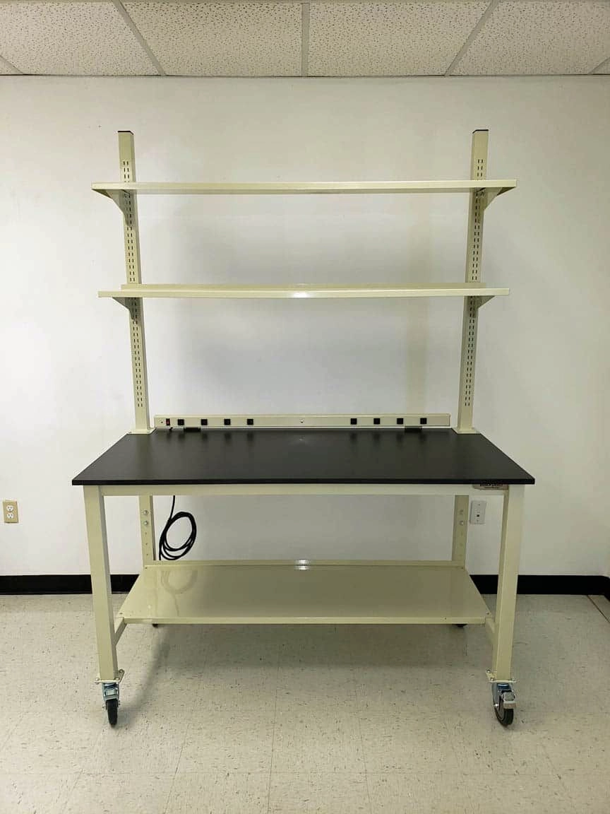 Quick Labs 6 foot heavy duty Mobile lab bench with phenolic resin countertop, (2) upper shelves, undercounter shelf, power strip, and casters (30"D x 72"L x 36"H)--adjustable height | QMBH3072-PR