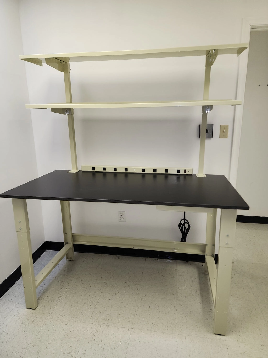 Quick Labs 4 foot light duty Mobile lab bench with phenolic resin countertop, (2) upper shelves, undercounter shelf, power strip, and casters (30"D x 48"L x 36"H-41"H)--adjustable height | QMBL3048-PR