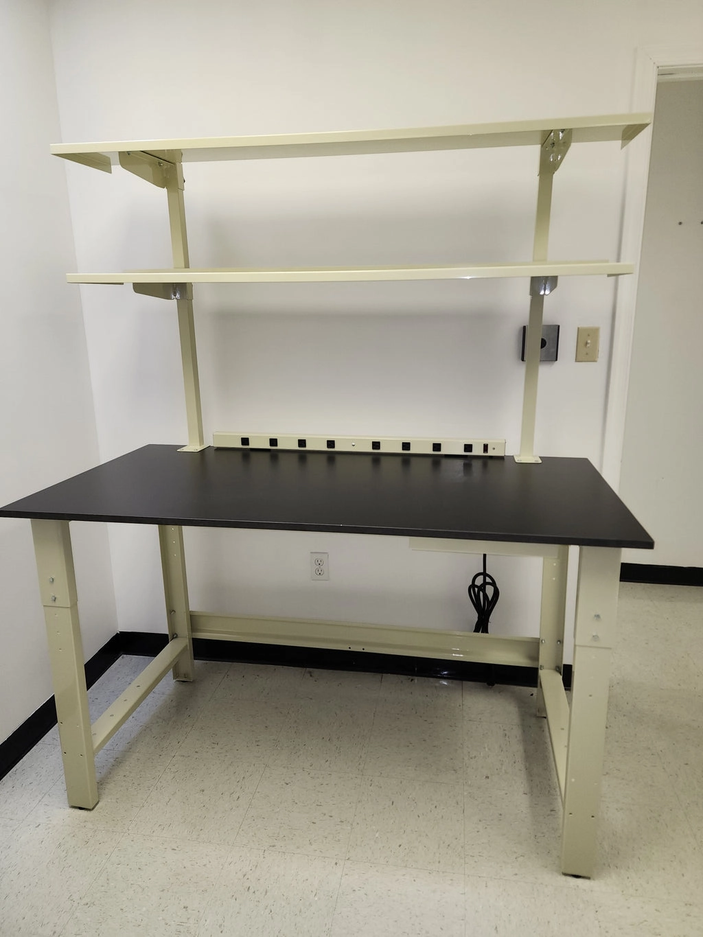 Quick Labs 4 foot light duty Mobile lab bench with phenolic resin countertop, (2) upper shelves, undercounter shelf, power strip, and casters (30"D x 48"L x 36"H-41"H)--adjustable height | QMBL3048-PR
