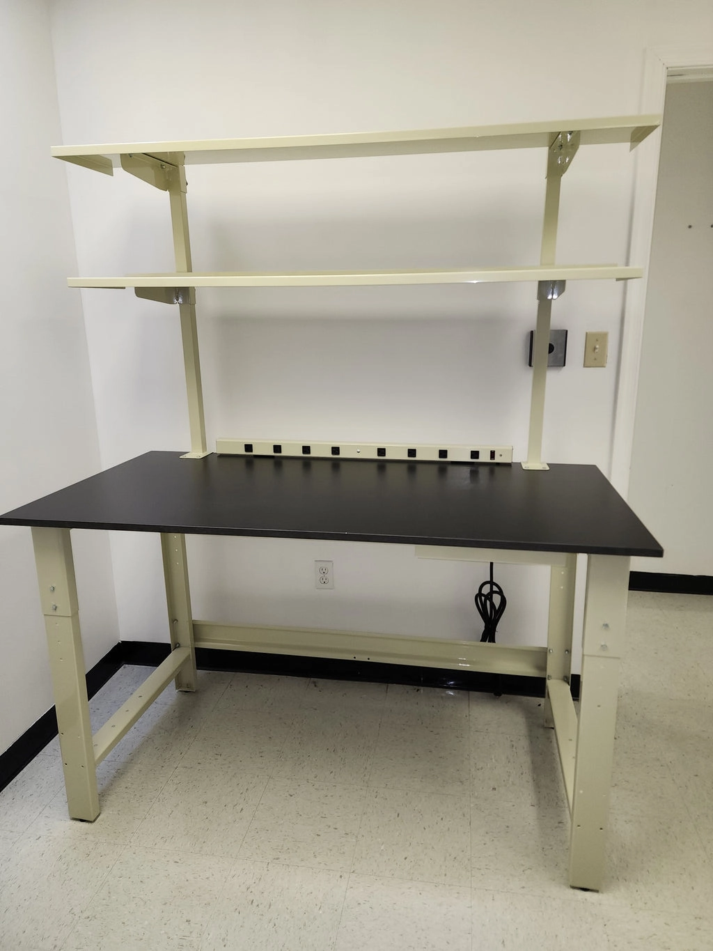 Quick Labs 6 foot light duty Mobile lab bench with phenolic resin countertop, (2) upper shelves, undercounter shelf, power strip, and casters (30"D x 72"L x 36"H)--adjustable height | QMBL3072-PR