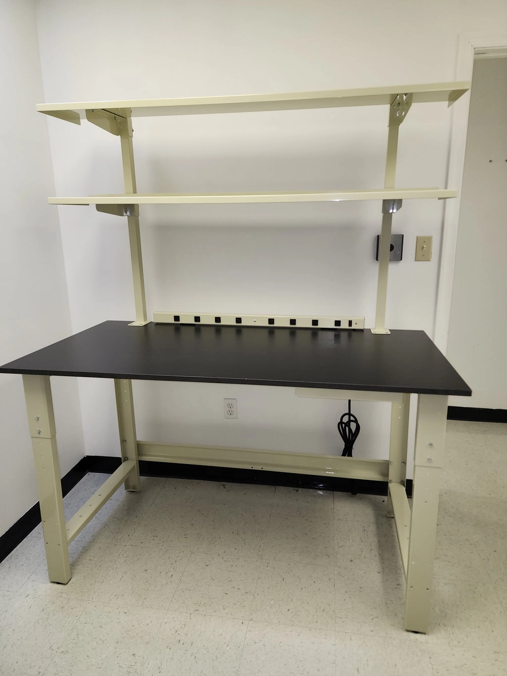 Quick Labs 5 foot light duty Mobile lab bench with phenolic resin countertop, (2) upper shelves, undercounter shelf, power strip, and casters (30"D x 60"L x 36"H)--adjustable height | QMBL3060-PR