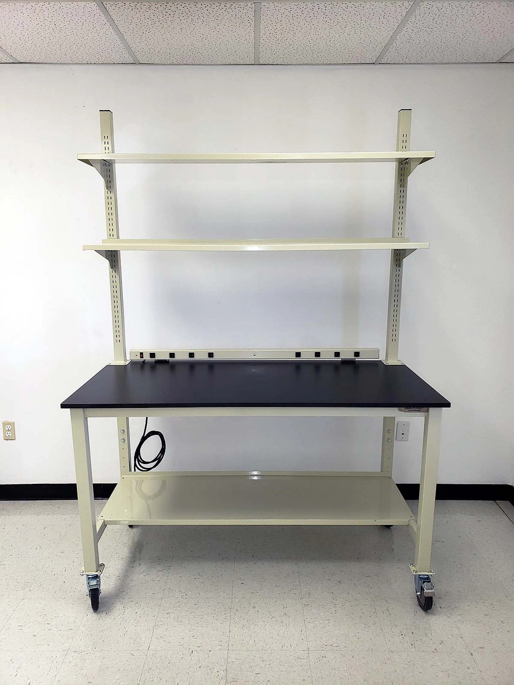 Quick Labs 6 foot heavy duty mobile lab bench with plastic laminate countertop, (2) upper shelves, undercounter shelf, power strip, and casters - adjustable height | QMBH3072-PL