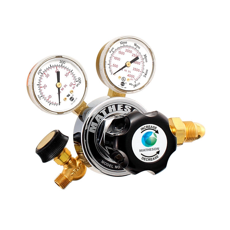 Matheson Series 18 Single Stage CO2 brass regulator (CGA 320) with 1/4" outlet valve (Delivery pressure 20-500 psig)