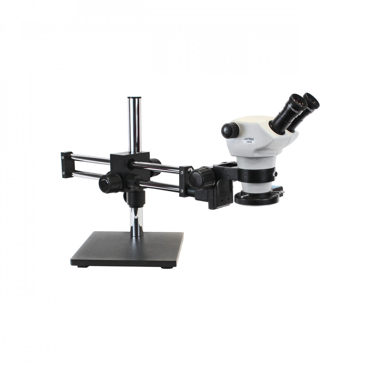 Unitron Z850 Zoom Stereo Microscope, Binocular, Ball Bearing Boom Stand, 0.5x Aux Objective, Quad LED Ring Light