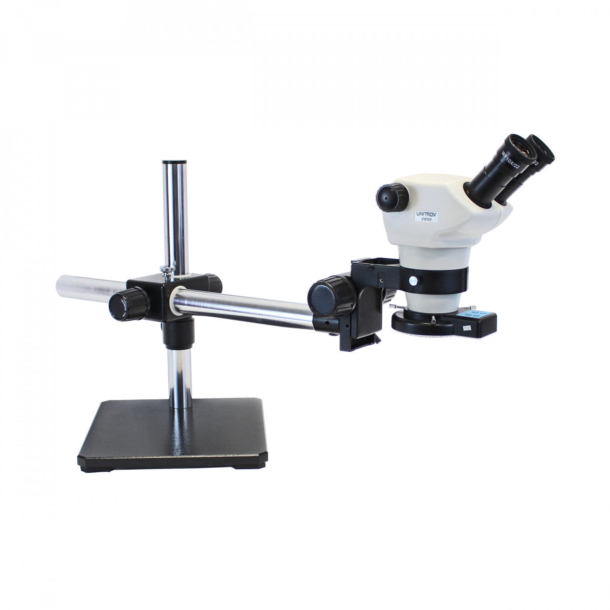 Unitron Z850 Zoom Stereo Microscope, Binocular, Boom Stand, 0.5x Aux Objective, Quad LED Ring Light