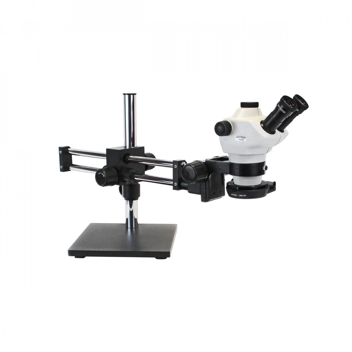 Unitron Z850 Zoom Stereo Microscope, Binocular, Ball Bearing Boom Stand, 0.5x Aux Objective, LED140 Ring Light