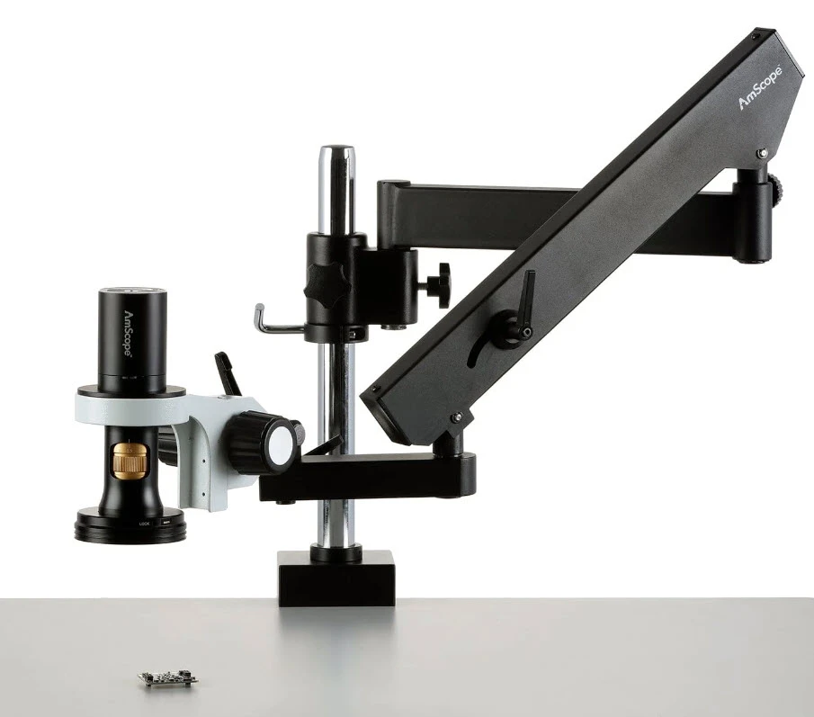 AmScope 0.35X-11.2X 1080p HDMI All-in-One Digital Microscope with Zoom Optics on Articulating Arm with Pillar