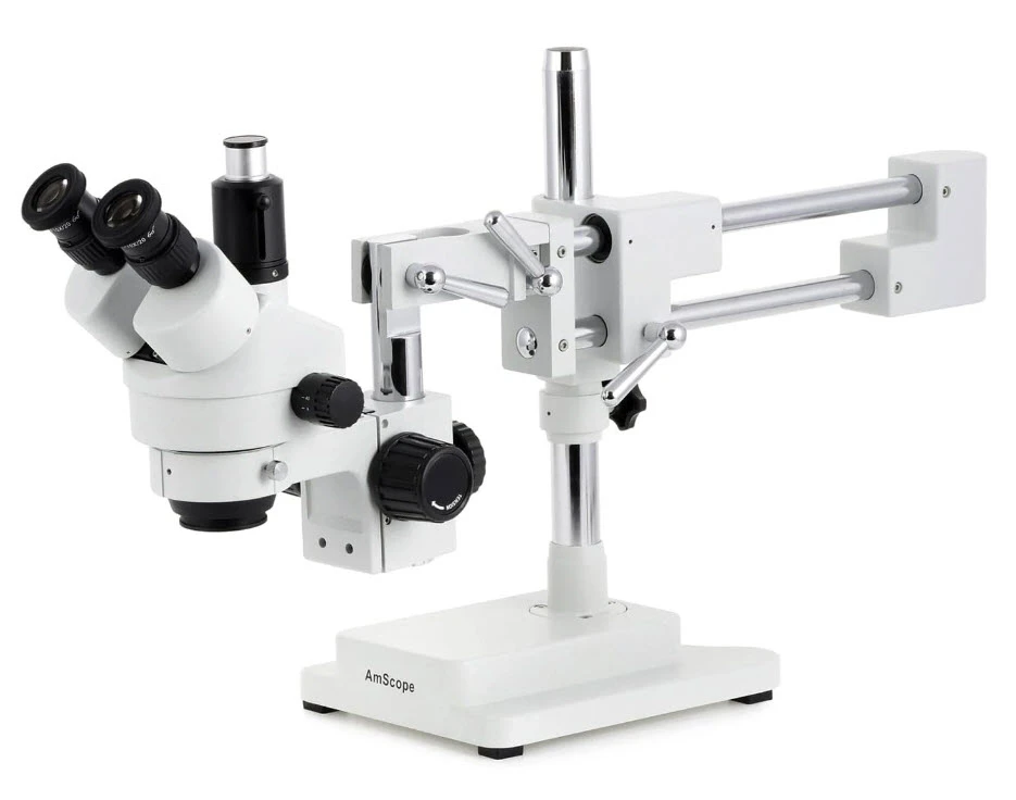 AmScope 7X-45X Trinocular Stereo Zoom Microscope on Double Arm Boom Stand