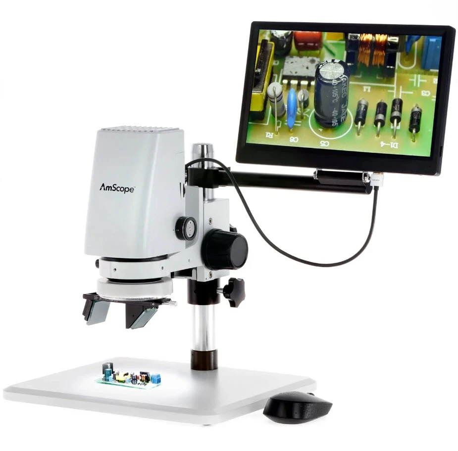 AmScope 0.7X-5X Zoom Tabletop Video Inspection System with 11.6" Monitor + 3D Rotary Viewer