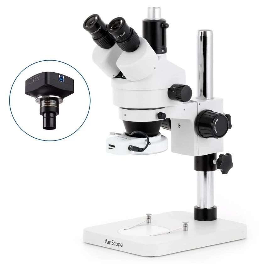 AmScope 7X-45X Trinocular Stereo Zoom Microscope w/144 LED Compact Ring Light and 5MP USB 3.0 C-mount Camera on Pillar Stand