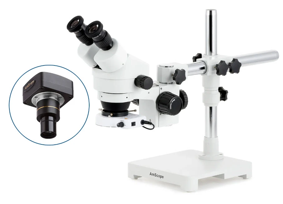 AmScope 7X-45X Binocular Stereo Zoom Microscope w/80 LED Compact Ring Light and 5MP USB 2.0 C-mount Camera on Single Arm Boom Stand