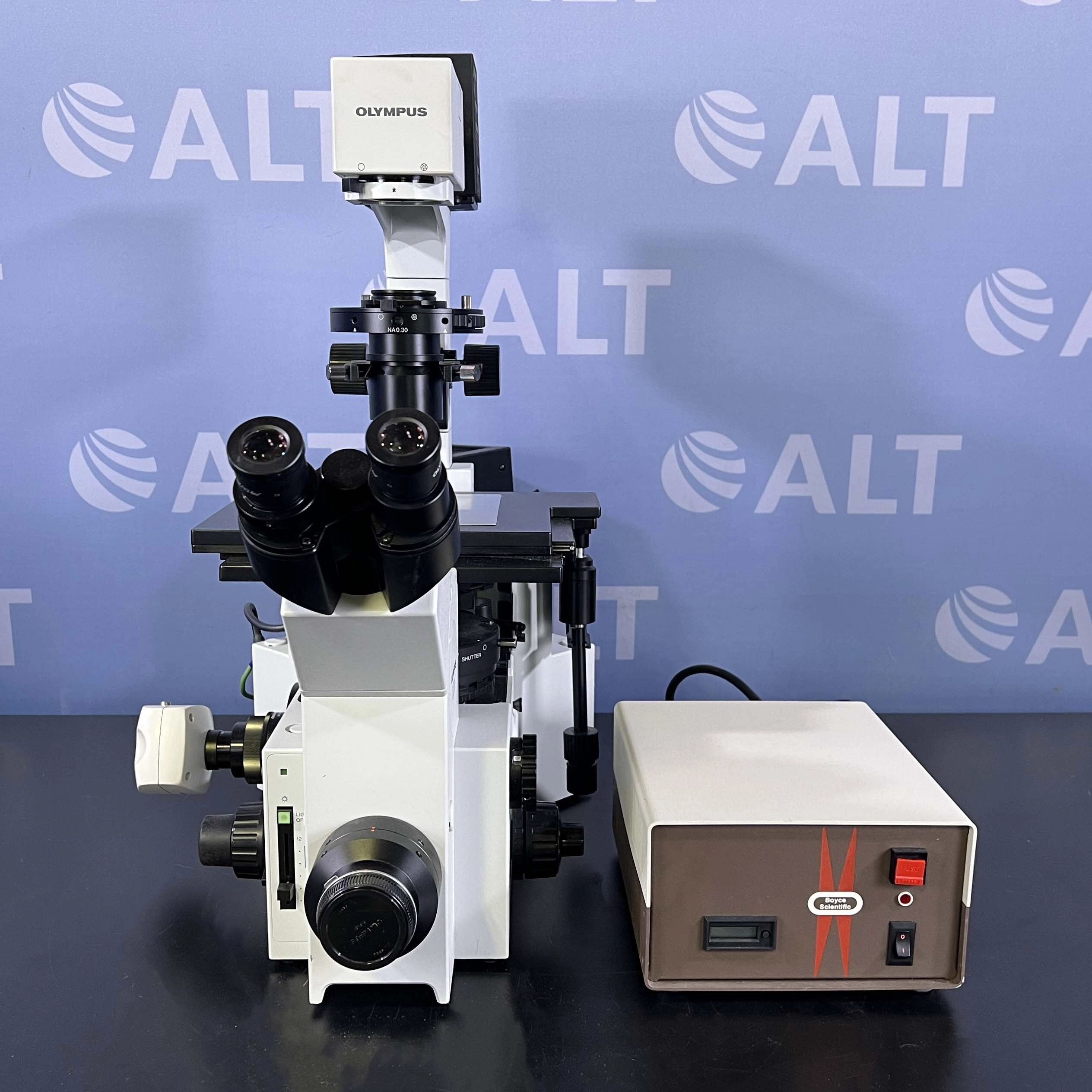 Olympus  IX70-S1F2 Microscope With Boyce Scientific Model M-100T Power Supply And VWR Vistavision Camera