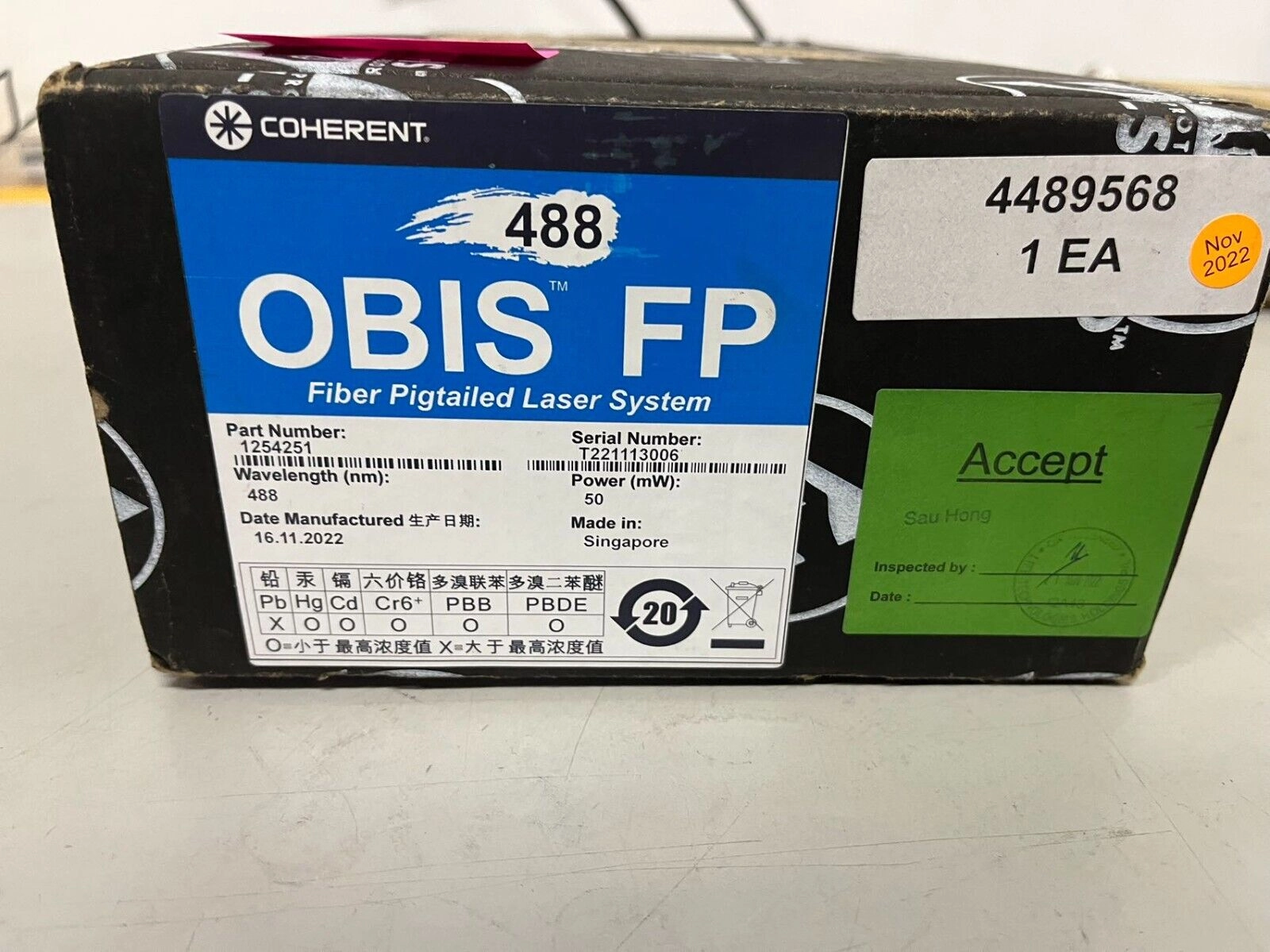 Coherent OBIS LP 488 nm  mW Fiber Pigtailed Laser 