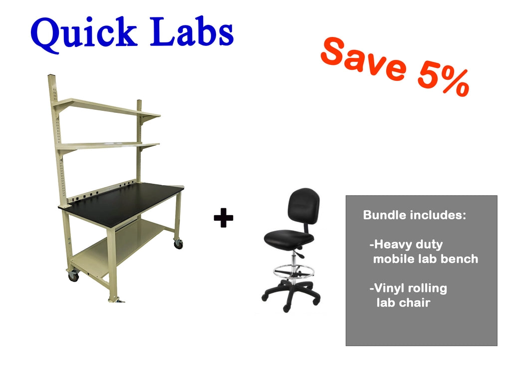 Quick Labs Bundle 6 foot heavy duty mobile lab bench QMBH3072-PL with plastic laminate top and rolling lab chair