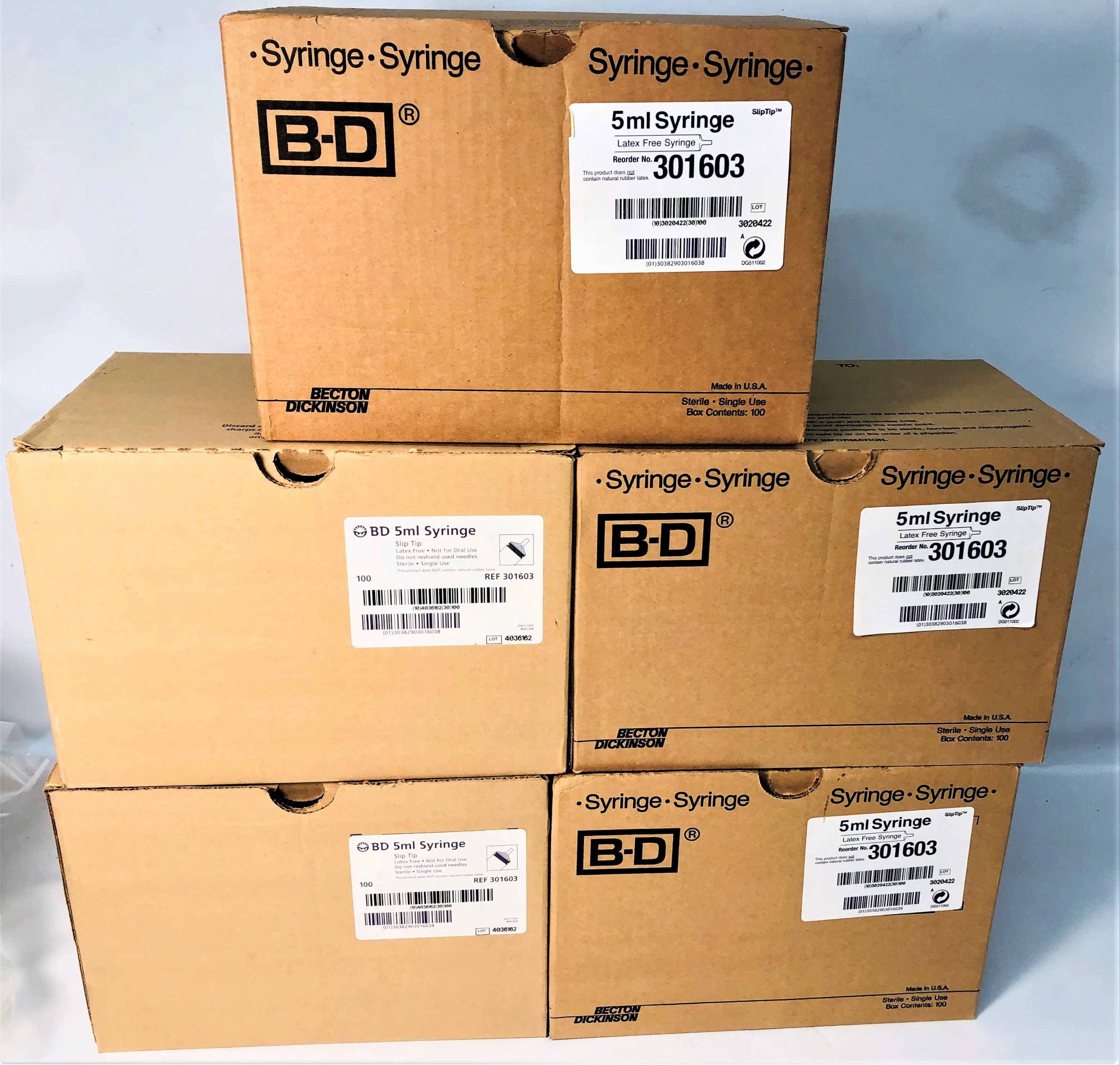 B-D 301603 SlipTip Syringes without Needles - 5mL (Box of 100)