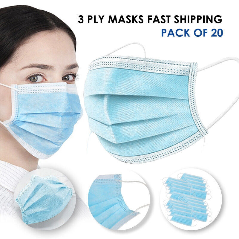 3-Ply Disposable Safety Masks  Packs of 20 Fast Sh
