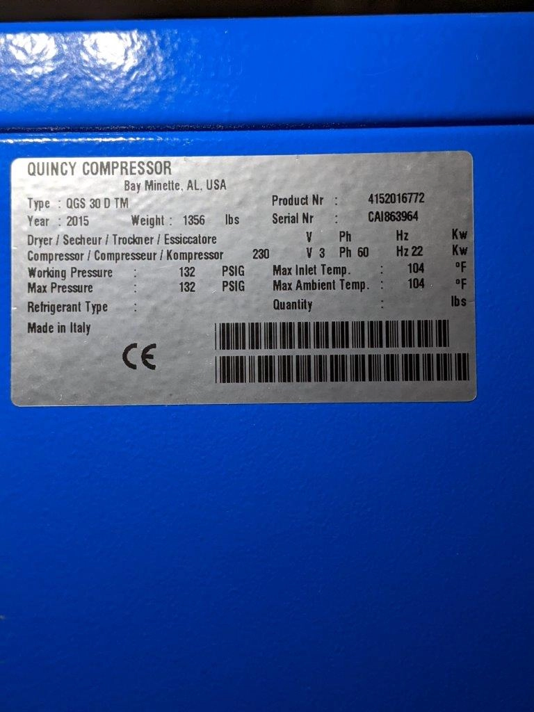 Quincy QGS 30HP 132Gallon Rotary Screw Air Compressor with Air Dryer