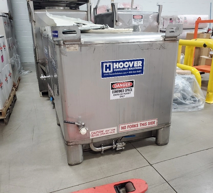 350 Gallon Hoover Stainless Steel Tote with valve, last used for food products