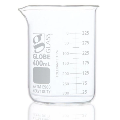 Globe Scientific 400mL Beaker, Globe Glass, Low Form Griffin Style, Heavy Duty, Dual BOX/12 8020400