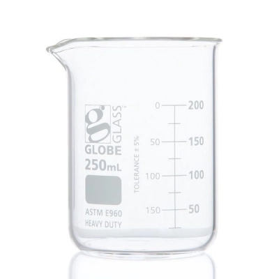 Globe Scientific 250mL Beaker, Globe Glass, Low Form Griffin Style, Heavy Duty, Dual BOX/12 8020250