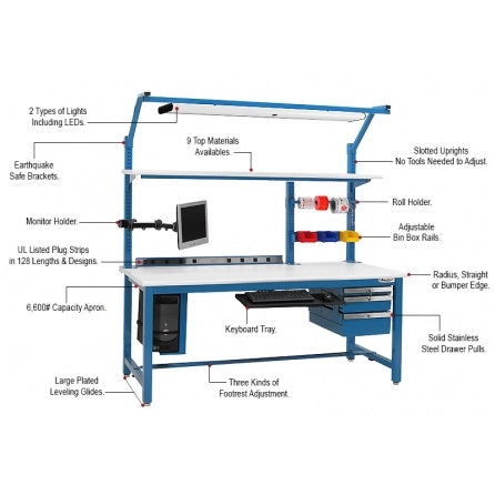 Quick Labs 10 ft heavy duty ESD Modular lab bench with laminate top, 2 upper shelves, power strip, drawer, overhead lights, pegboard w/ louvered panel, monitor holder, keyboard shelf, &amp; bottom shelf (30"D x 120"L x 36"H)--adjustable height| QMBH30120-ESD