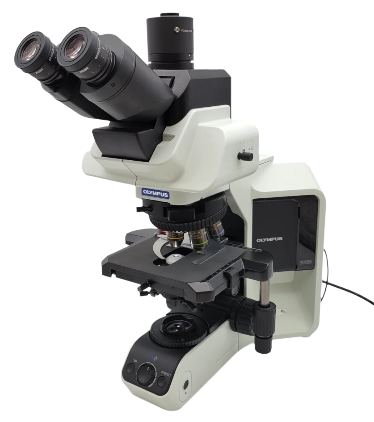 Olympus Microscope BX 53 LED w. Apo 2x, Fluorites, &amp; Tilting Ergo Trinocular Head