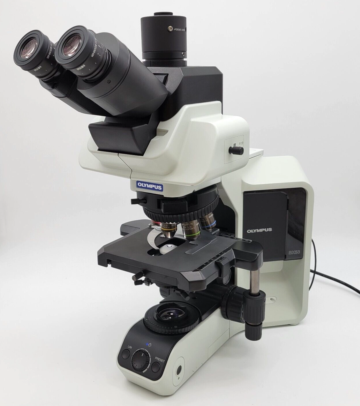 Olympus Microscope BX53 LED w. Apo 2x, Fluorites, &amp; Tilting Ergo Trinocular Head