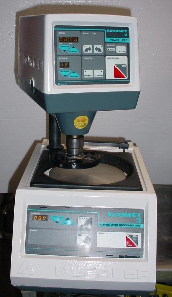 Buehler Ecomet 3 49-1750-160 8 inch polisher with Automet2 power head. Lift Lock chuck 50 to 500 rpm. 1.25"&nbsp; specimen holder, holds 6. 115 volts.