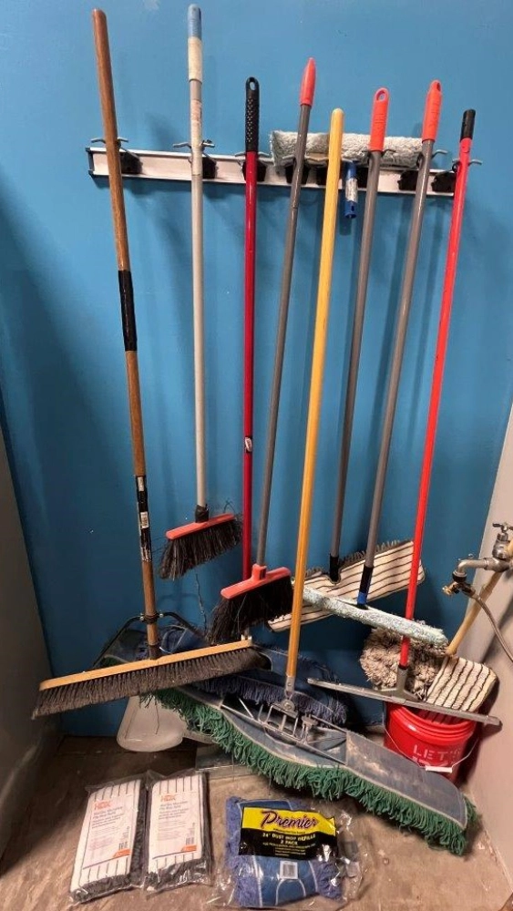 Cleaning Tools - Multiple Brooms, Mops, and Hanging Rack
