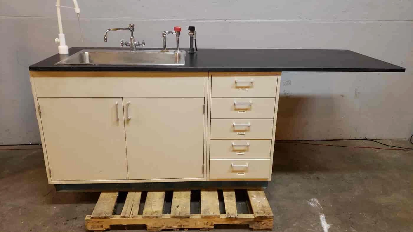 Used Fisher Hamilton 7'6" Sink Bundle Casework Faucets &amp; Hose Stainless Basin (SKU: 2097AA)