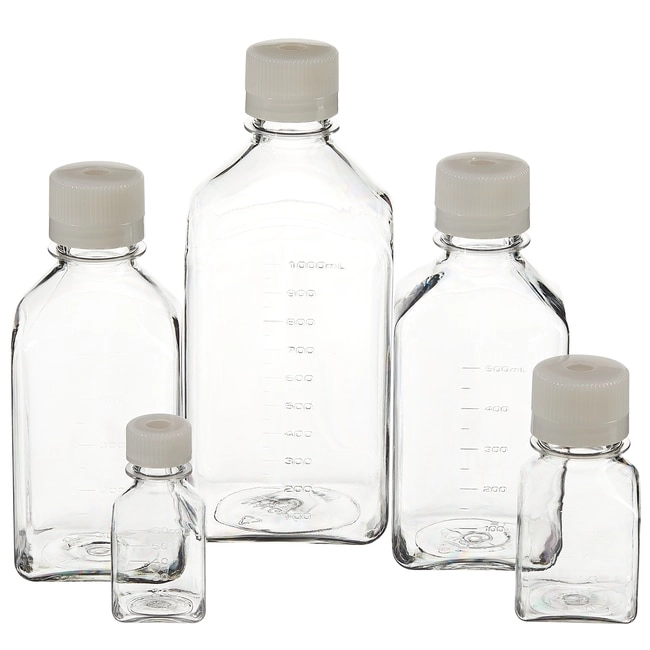 Nalgene Square PETG Media Bottles with Septum Closure: Sterile, Shrink-Wrapped Trays