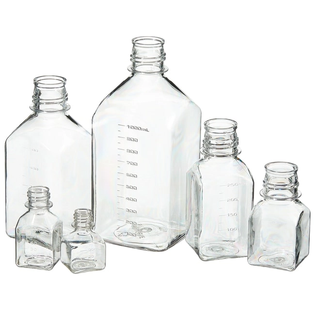 Nalgene PETG Square Media Bottles without Closure: Sterile, Shrink-Wrapped Trays