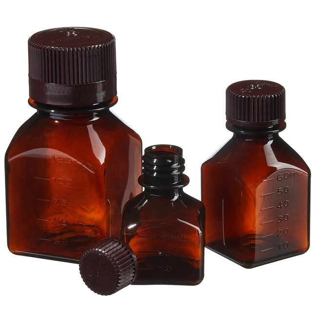 Nalgene Square Amber PETG Media Bottles with Closure: Nonsterile, Shrink-Wrapped Trays