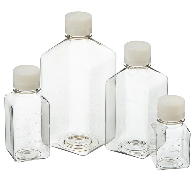 Nalgene Square PET Media Bottles with Closure: Sterile, Shrink-Wrapped Trays