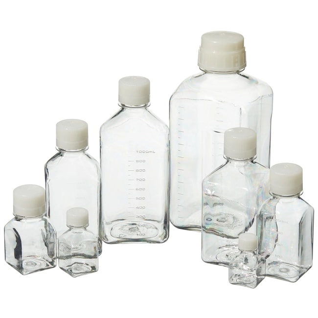 Nalgene Square PETG Media Bottles with Closure: Sterile, Shrink-Wrapped Trays