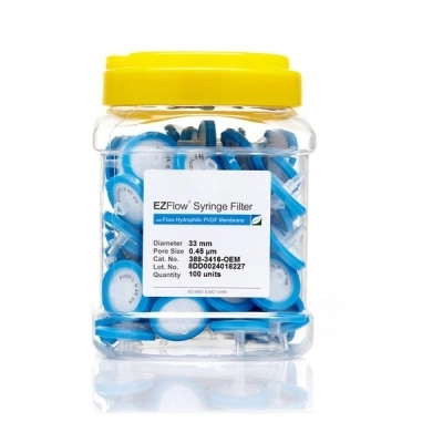 Foxx Life Sciences EZFlow 33mm Syringe Filter, .45&mu;m Hydrophilic (PVDF), 100/Pack 388-3416-OEM