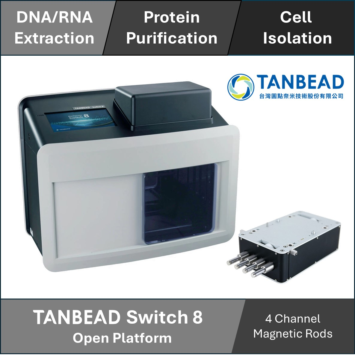 TANBead Switch 8 - Automated Magnetic Extraction/Purification/Isolation System (with 4-channel magnetic rods for 24 well plate)