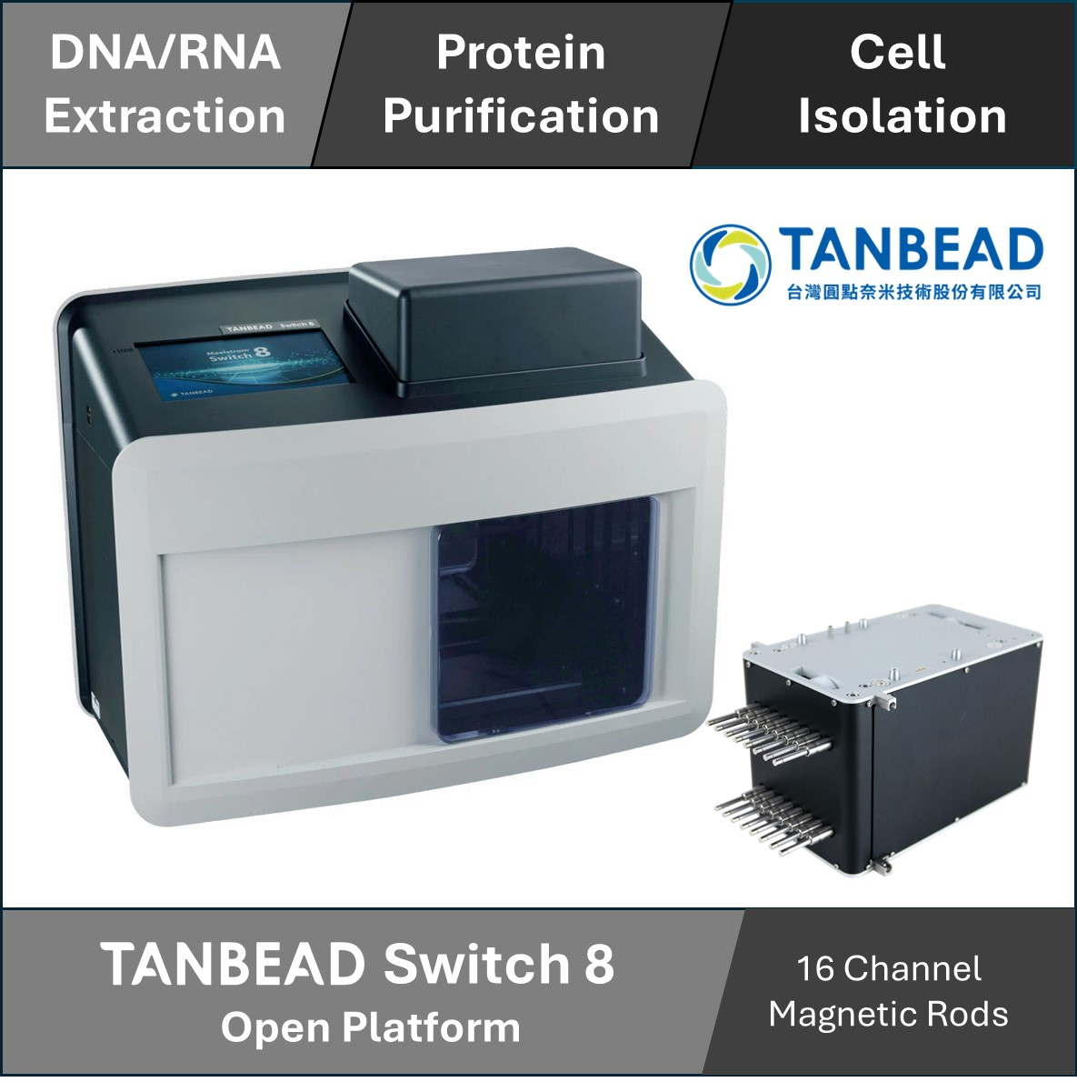 TANBead Switch 8 - Automated Magnetic Extraction/Purification/Isolation System (with 16-channel magnetic rods for 96 well plate)