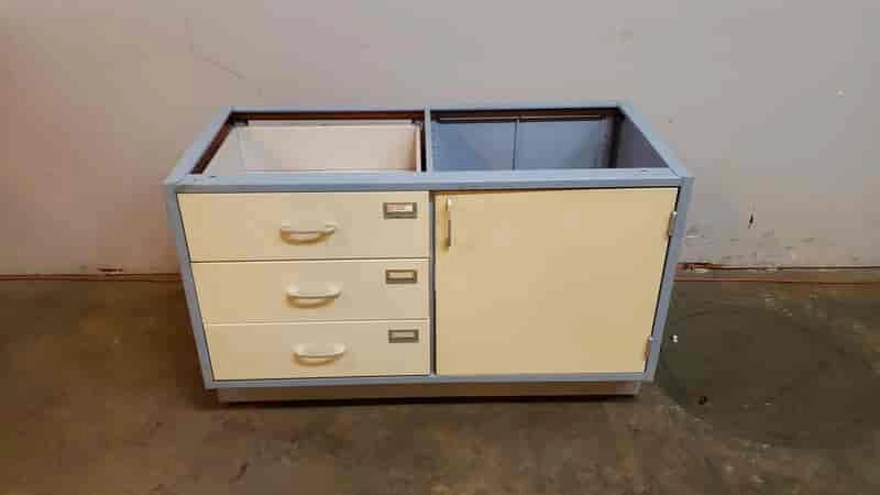 4' Blue and White Sitting Height Casework W/ 1 Door 3 Drawers