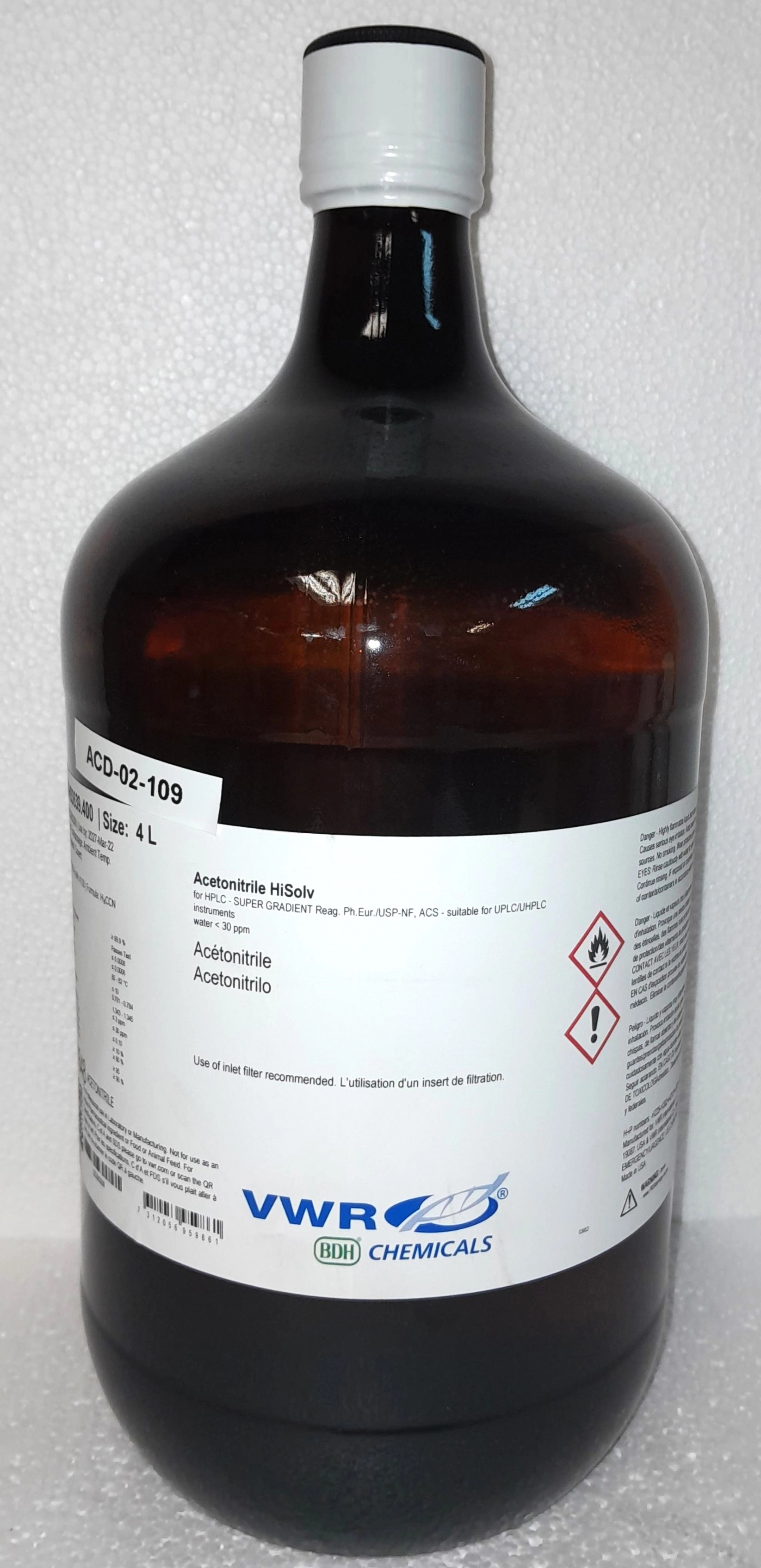 VWR BDH83639.400 Acetonitrile HiSolv - &ge;99.5% ACS (4L)
