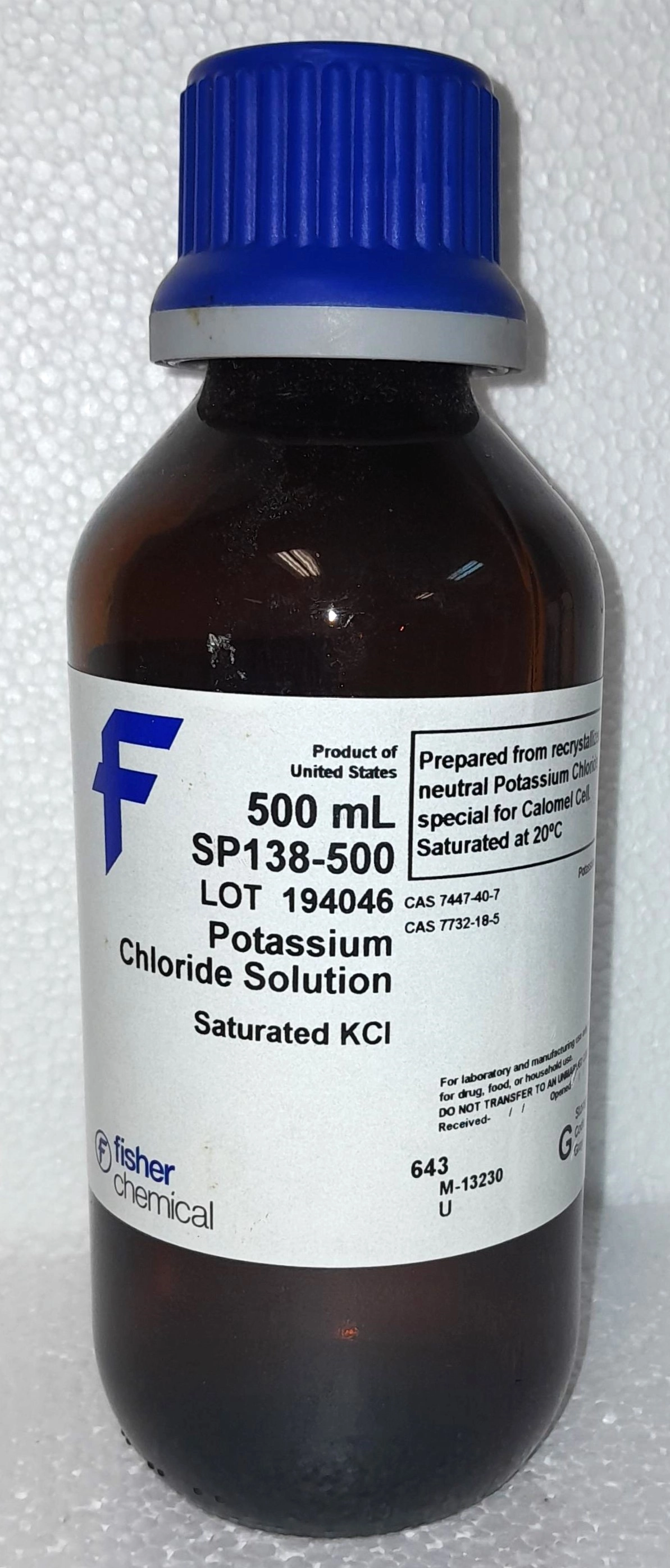 Fisher Scientific SP138-500 Potassium Chloride Filling Solution (Case of 6 x 500 mL)