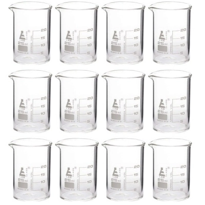 Eisco 12PK Beakers, 25ml - Griffin Style, Low Form with Spout - White, 5ml Graduations BK0103